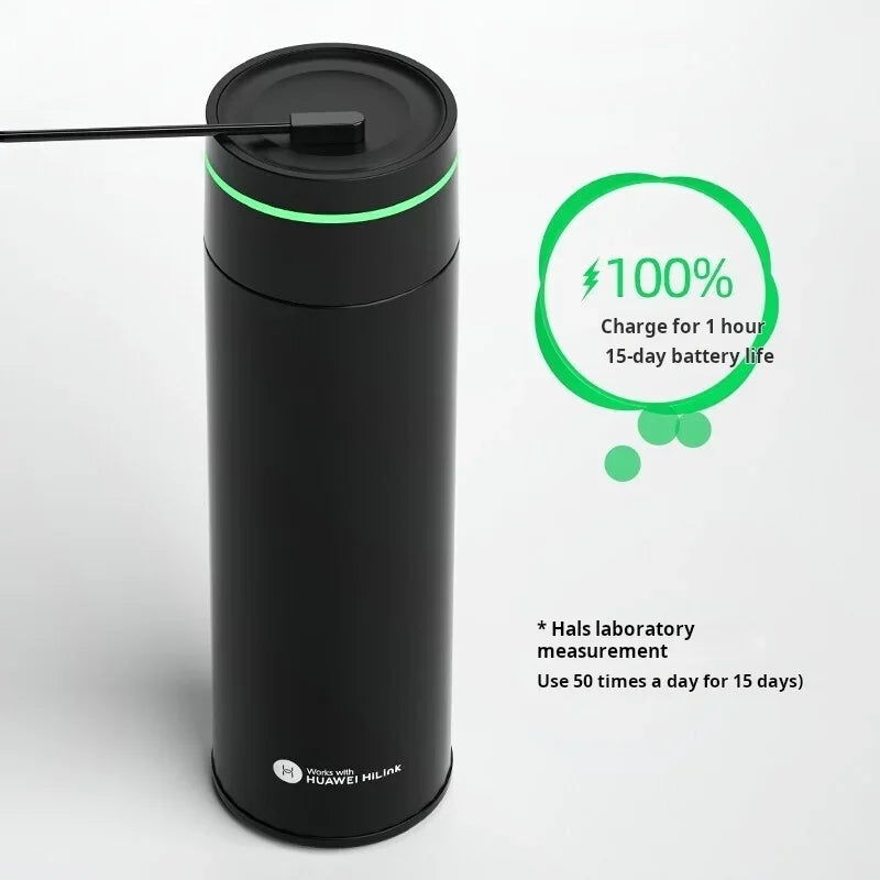 Smart black intelligent thermos for wellness with 100% charge indicator and long-lasting battery life