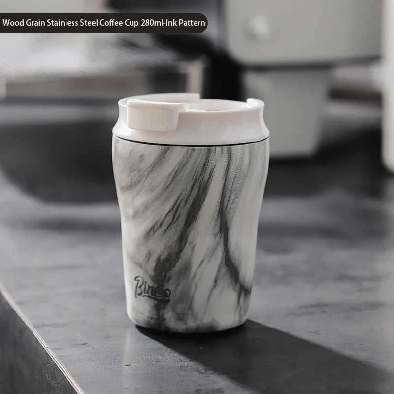 Hue and  Dunes Singapore Wood Grain Stainless Steel Coffee Cup 280ml, the best coffee mug for commuting with a stylish design