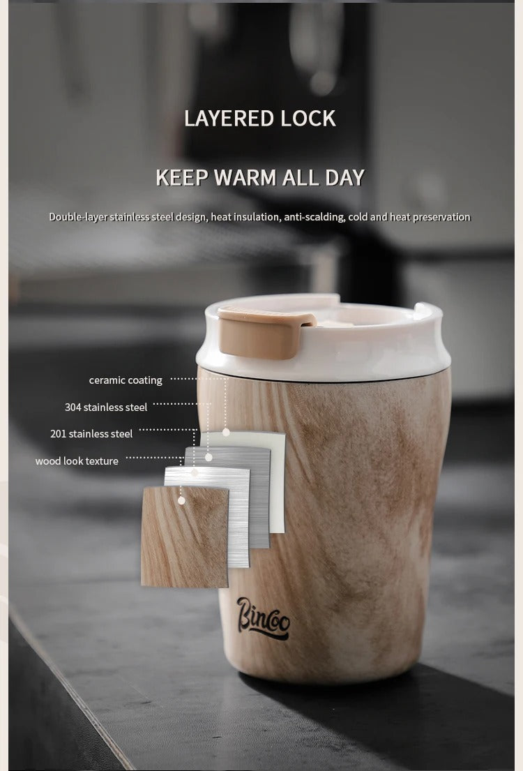 Hue and  Dunes Singapore double-layer stainless steel coffee mug for commuting with wood look texture and heat insulation
