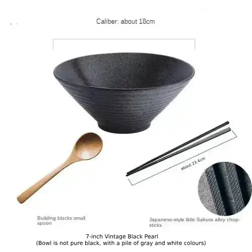 Hue and  Dunes Singapore Japanese ceramic bowl set featuring a vintage black pearl design, a wooden spoon, and stylish chopsticks