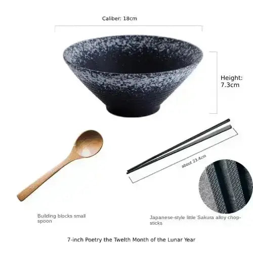 Hue and  Dunes Singapore Japanese ceramic bowl set featuring a 7-inch bowl, wooden spoon, and Sakura alloy chopsticks