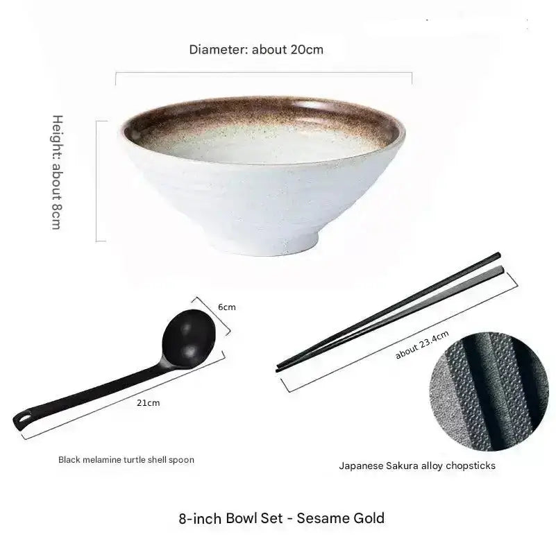 Hue and  Dunes Singapore Japanese ceramic bowl set featuring an 8-inch bowl, black melamine spoon, and Sakura alloy chopsticks