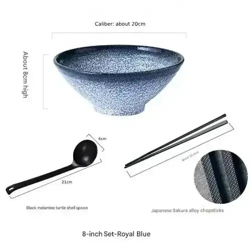 Hue and  Dunes Singapore Japanese ceramic bowl set in royal blue with melamine spoon and Sakura alloy chopsticks