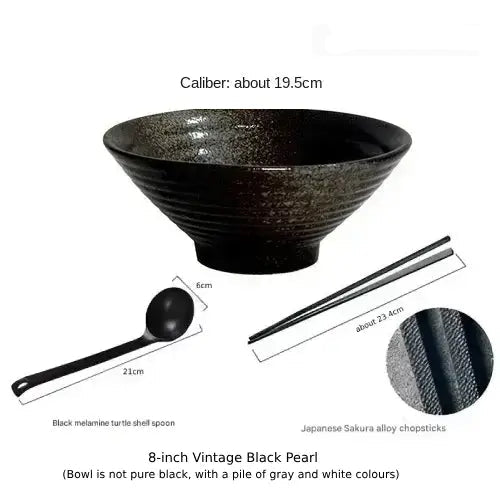 Hue and  Dunes Singapore Japanese ceramic bowl set featuring an 8-inch vintage black pearl design with matching chopsticks