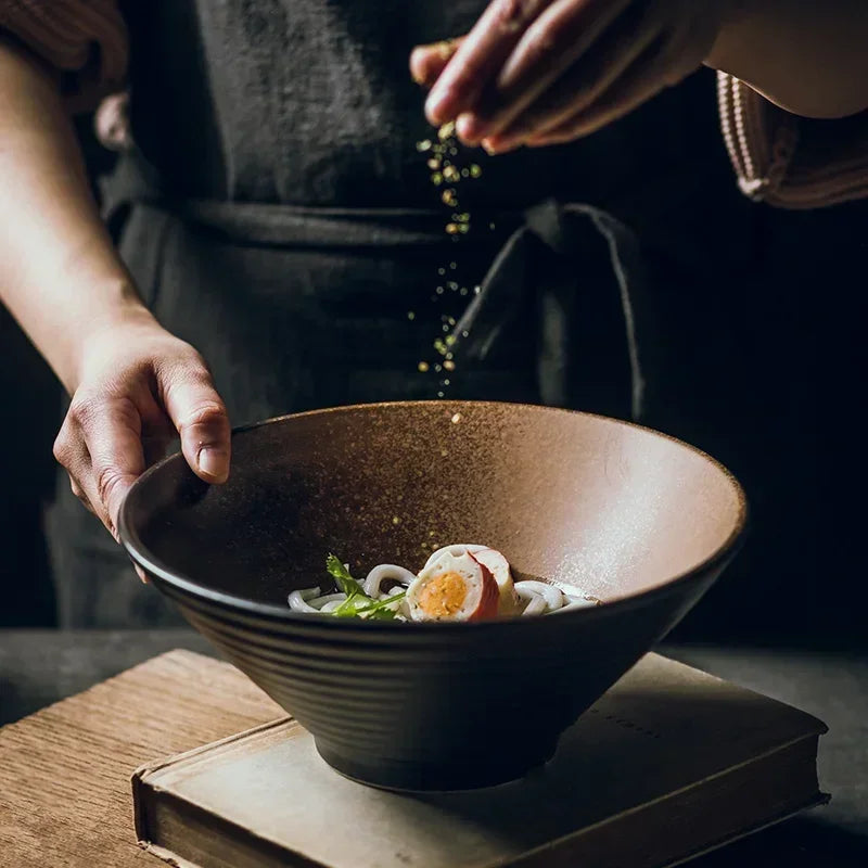 Hue and  Dunes Singapore Japanese ceramic bowl set used for serving delicious noodles and garnishes in a cozy kitchen setting