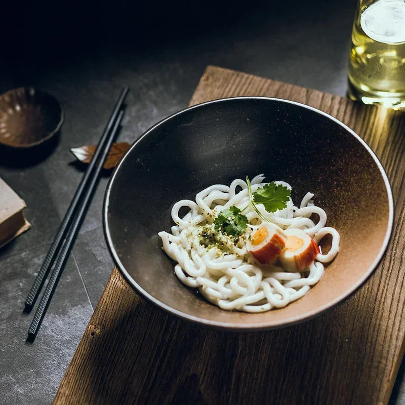 Hue and  Dunes Singapore Elegant Japanese ceramic bowl set featuring a dark finish, perfect for serving noodles and sushi