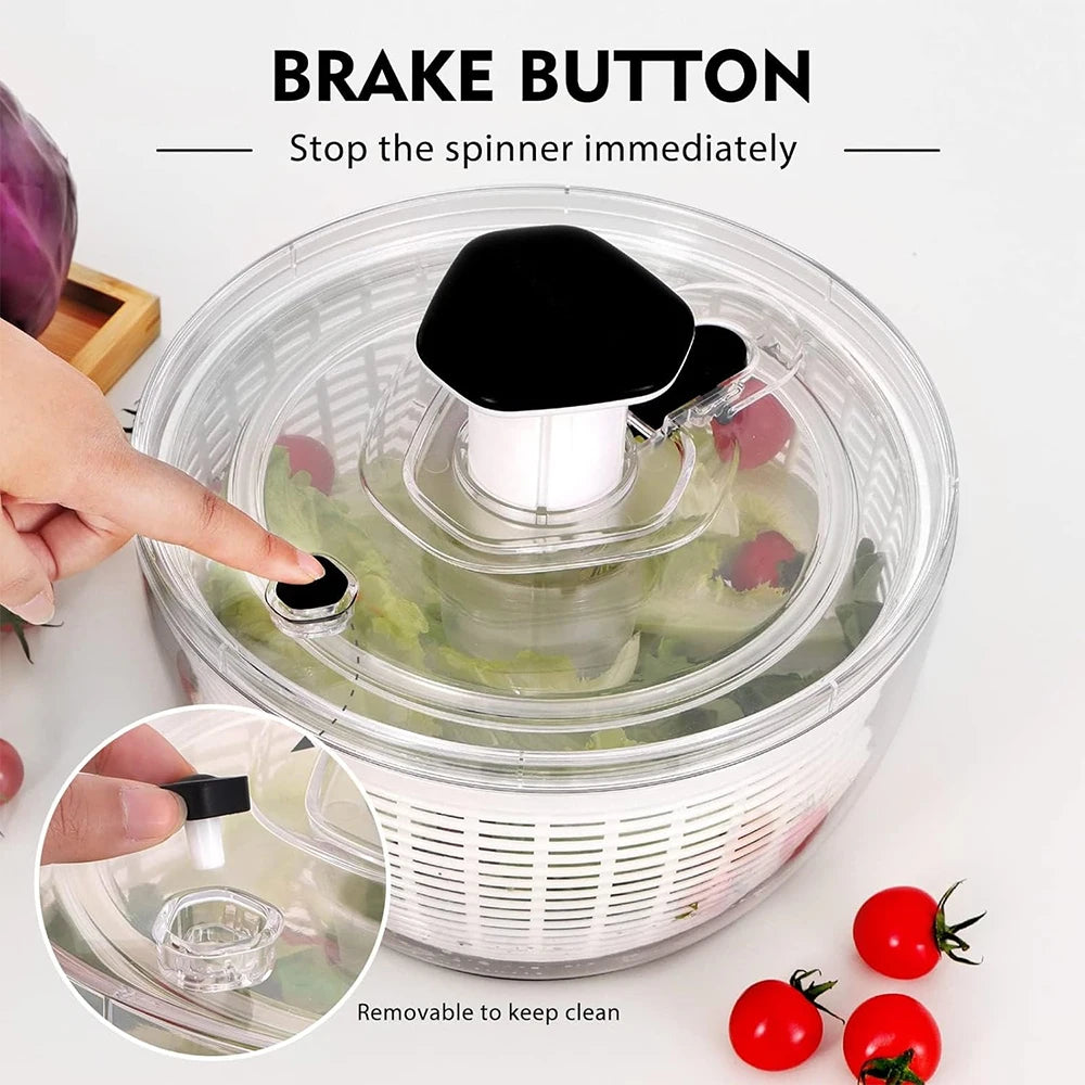 Large salad spinner with a brake button for easy stopping and removable parts for cleaning
