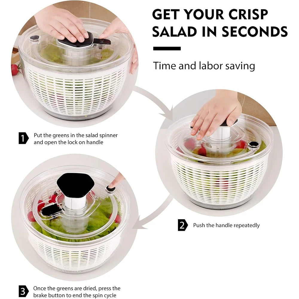Large salad spinner with easy grip handle for quick drying of greens and vegetables
