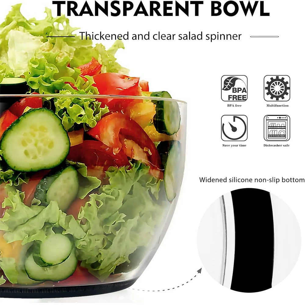 Large salad spinner with a transparent bowl featuring a non-slip bottom and fresh vegetables inside